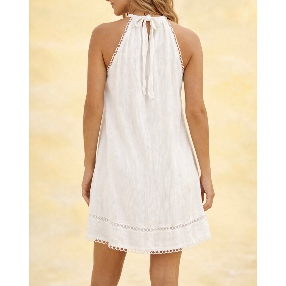 La Blanca White High Neck Cover Up Dress Crochet Trim Crinkle Fabric Size Small - Picture 2 of 10